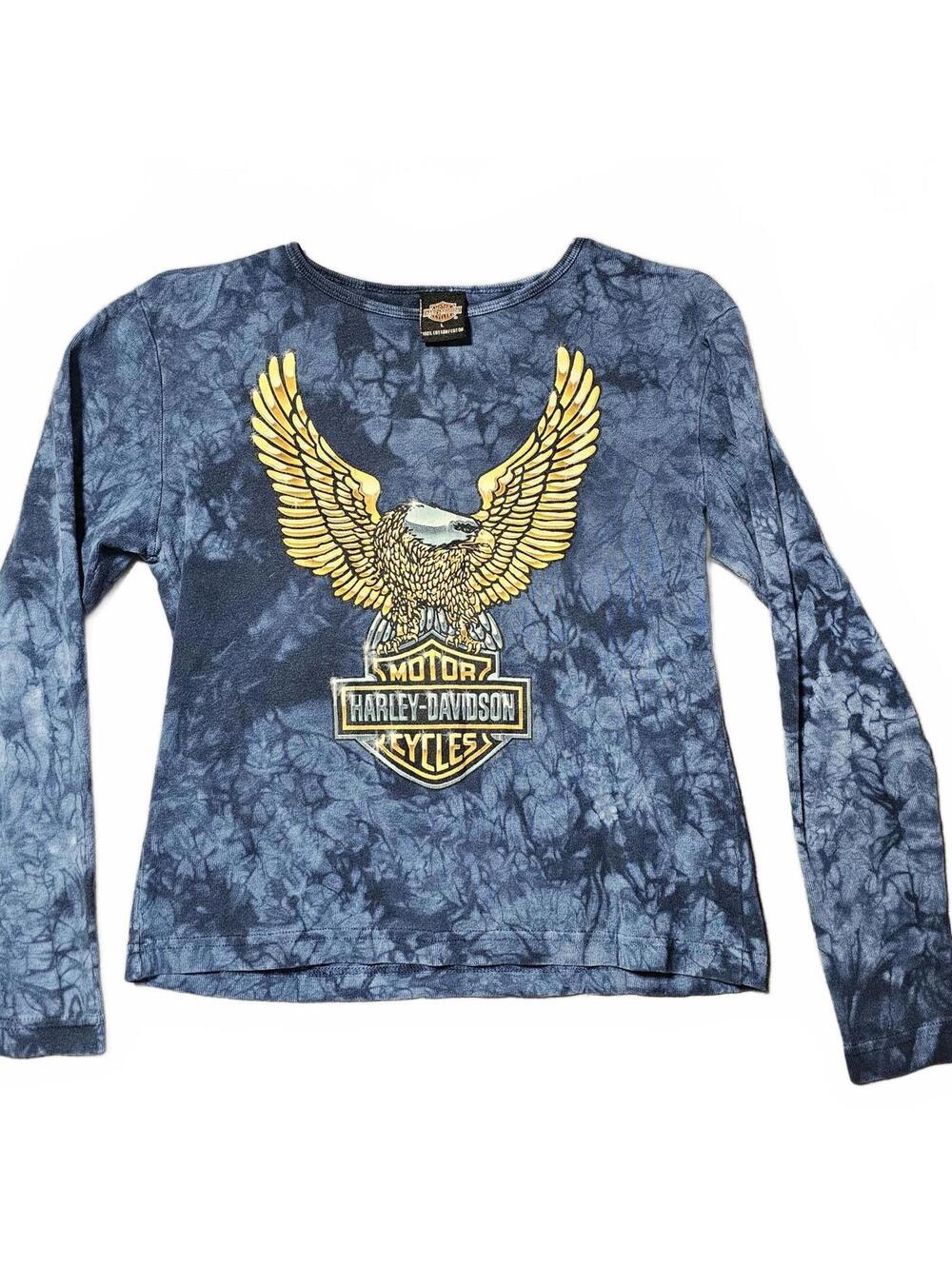 Harley Davidson Women Lg Long Sleeve Blue Tie Dye Shirt Snake River H-D Graphic